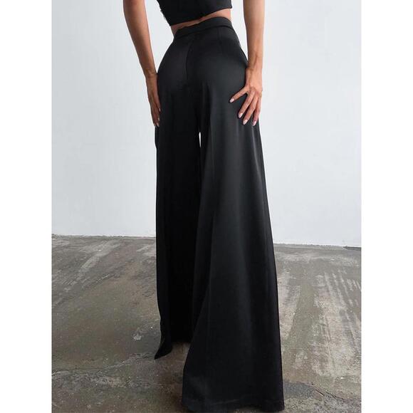 Commense Oversized Satin High-Waisted Wide Leg Black Pants for Women Size Small - Picture 2 of 5
